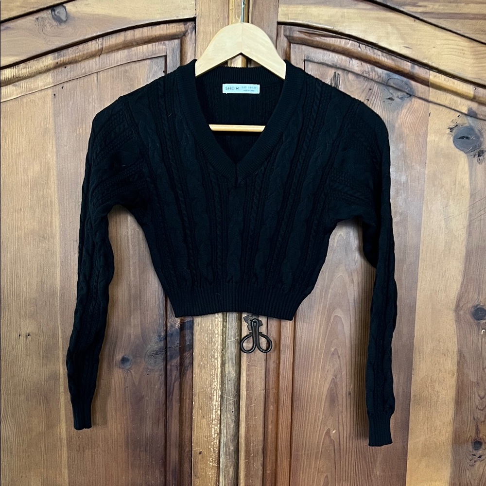 Shein kids Black V-Neck Cable Sweater 11-12Y